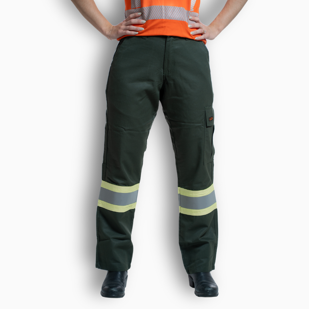 MWG COMFORT WEAVE Women's FR Utility Pants. Women's FR Pants are green in color with silver reflective striping on lower legs for high-visibility. Women's FR Pants are made with inherently fire resistant fabric. Women's FR Pants are CAT 2 FR.