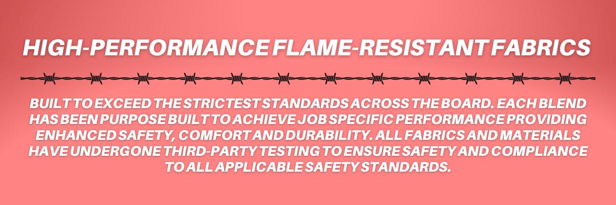 Image reads "High-Performance Flame-Resistant Fabrics. MWG's proprietary fabric blends are built to the highest safety standards".