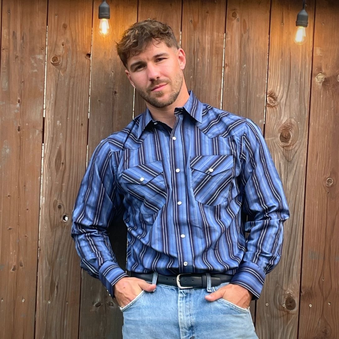 Men's Western Stripe Long-Sleeve (Blue) - I30D01-41