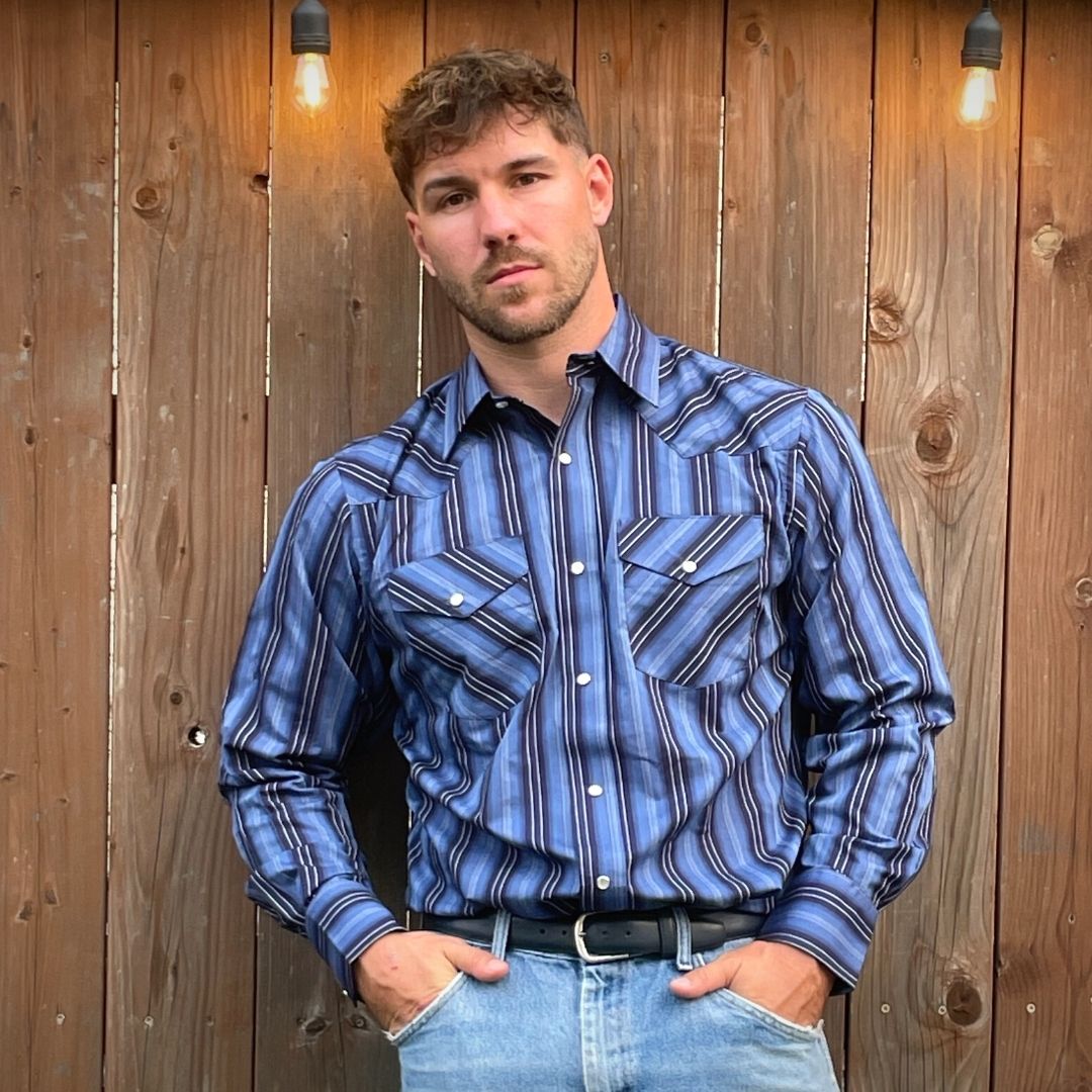 Men's Western Stripe Long-Sleeve (Blue) - I30D01-41