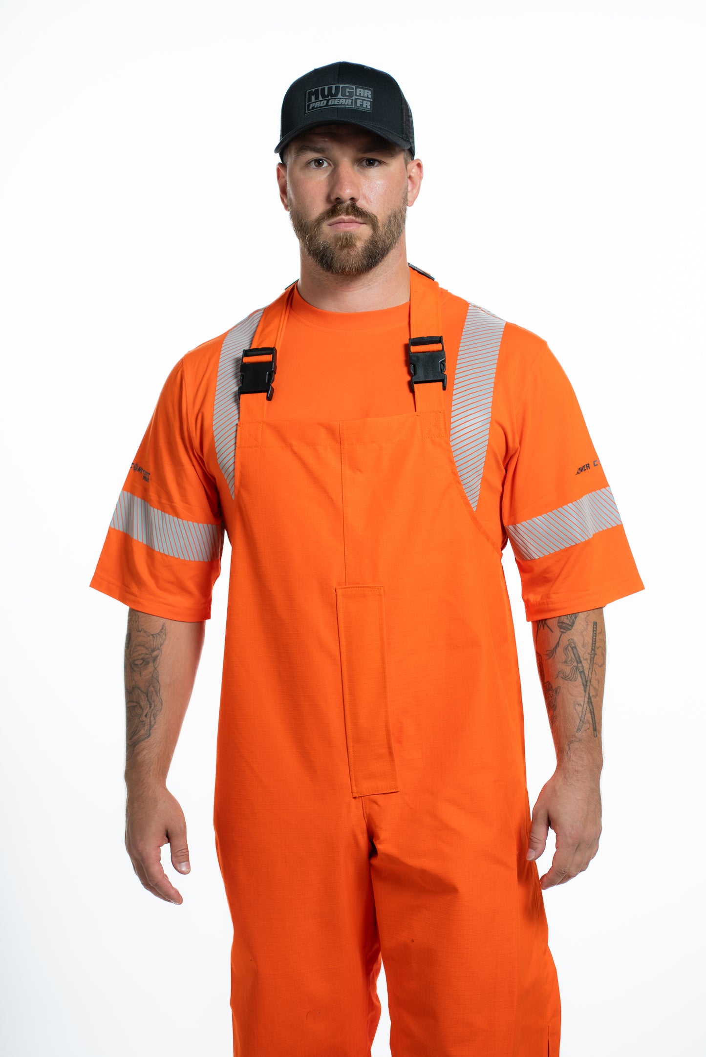 MWG STORMSHIELD Men's FR Rain Pants. FR Rain Pants are bright orange with silver reflective striping to meet hi-vis standards.
