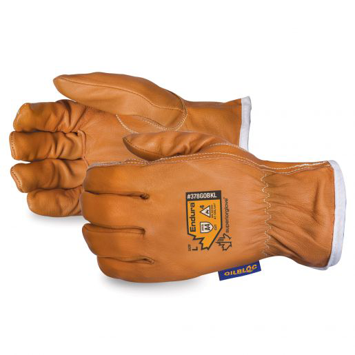 Image of ENDURA Superior Gloves. Dark tan in colour, Kevlar-lined Oilbloc Goat-Grain Arc Flash Driver Gloves. Goat grain leather is treated with Oilbloc. Elastics around wrists for a snug fit.