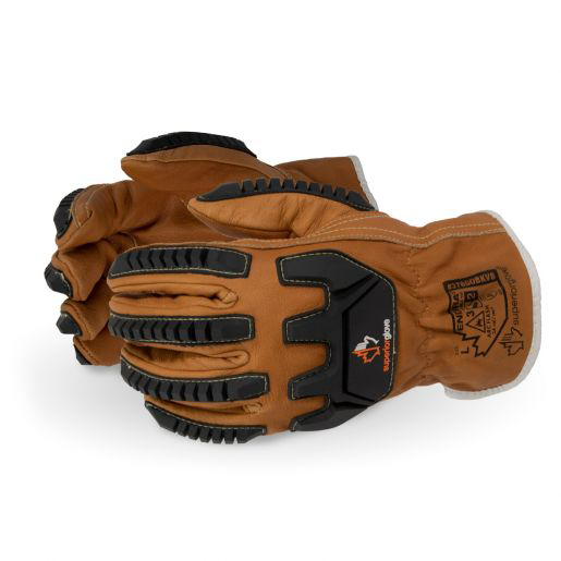 Image of ENDURA Superior Glove. Brown in colour with black exterior padding. Kevlar-lined Oilbloc Goat-Grain Arc-Flash Driver Gloves. Made of high tensile-strength goatskin with impact resistant back-of-hand protection.