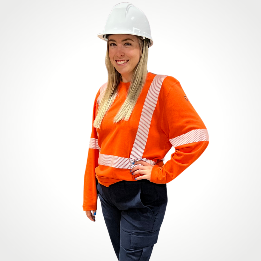 MWG EVOLUTION Women's FR Shirt. Women's FR Shirt is bright orange with silver segmented reflective striping for high-visibility. Women's Hi-Vis FR Shirt is made with MWG EVOLUTION, a flame-resistant (FR) lightweight fabric. MWG EVOLUTION provides 11 cal protection and CAT 2 rating.
