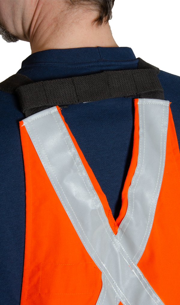 Image of back bib strap. It is bright orange in colour with silver reflective tape.