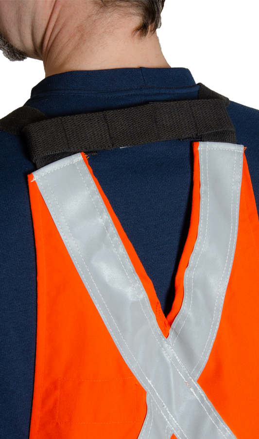 Image of back bib strap. It is bright orange in colour with silver reflective tape. 