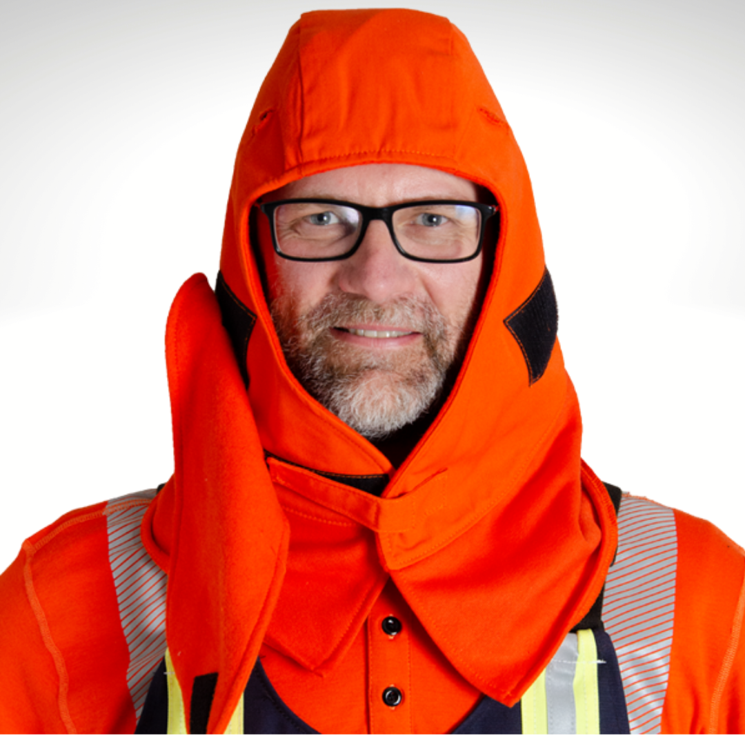 MWG BLOCKER Fleece FR Hard Hat Liner. FR Hard Hat Liner is bright orange with black velcro. FR Hard Hat Liner wraps around face for warmth. FR Hard Hat Liner fits beneath hard hat and secures in suspension bands.