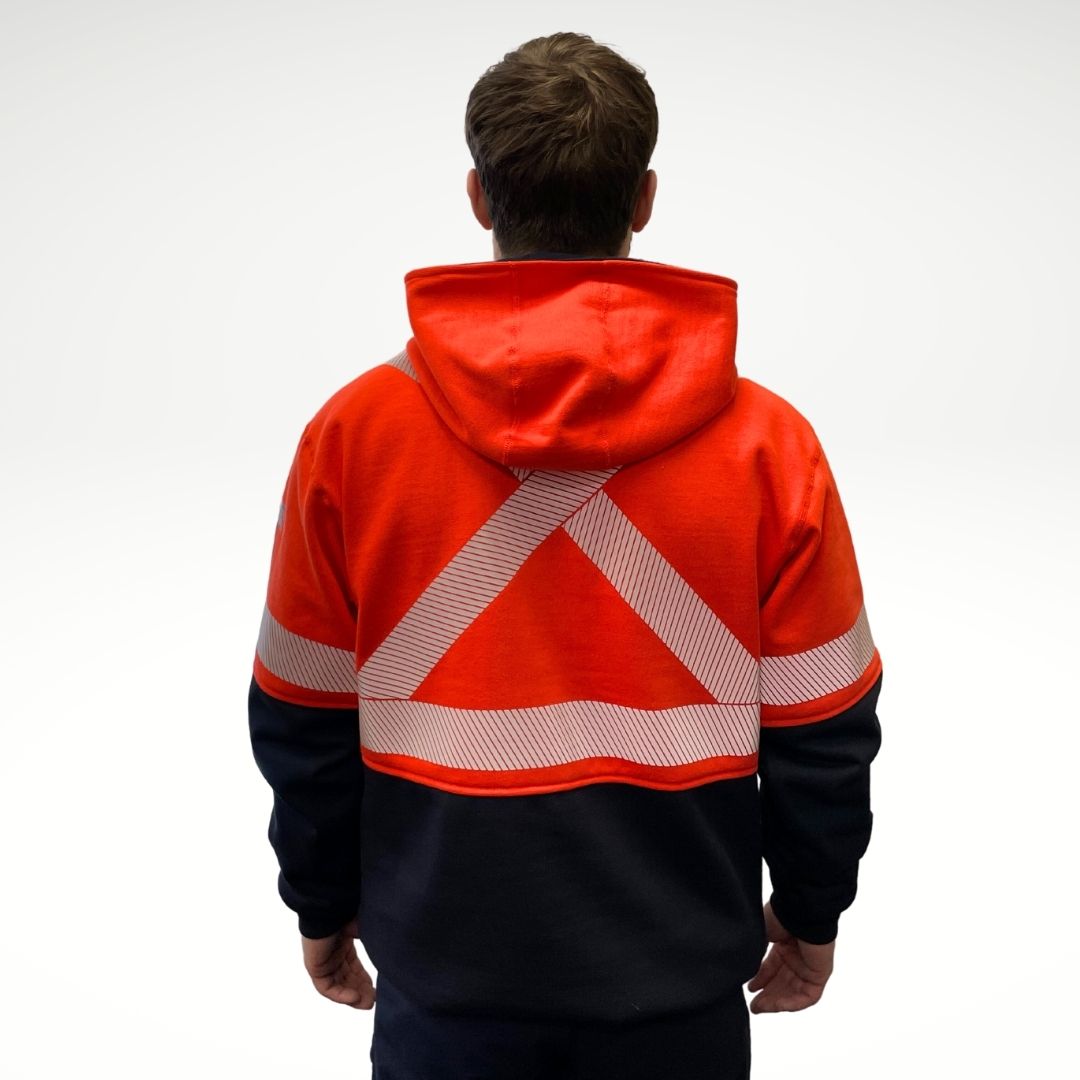 MWG BLOCKER FR Men's Hoodie. Men's fire-resistant hoodie is bright orange and navy with hi-vis striping. Fire-resistant hoodie is inherently flame-resistant, made from a heavyweight FR fleece. FR Hoodie is CAT 3 FR.