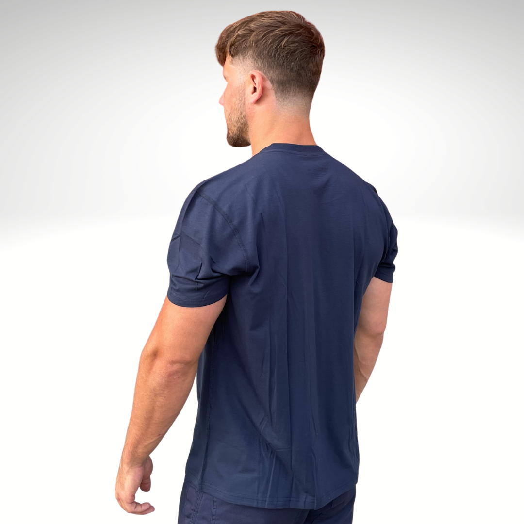 MWG FLEXSAFE Men's FR Base Layer T-Shirt. Men's FR Base Layer T-Shirt is navy with flat lock seams. Men's FR T-Shirt is made with MWG FLEXSAFE, an inherent flame-resistant fabric. Men's FR T-Shirt has a CAT 1 FR rating.