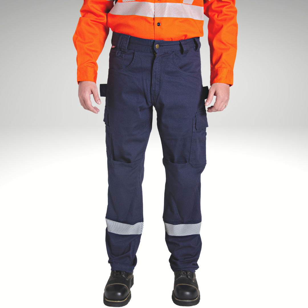 Image of MWG FLEXGUARD FR Utility Pant. MWG FLEXGUARD FR Utility Pant is navy in colour with silver segmented reflective tape wrapped around legs below the knees. Features a pocket on the knee for slip-in knee pads. MWG FLEXGUARD is a flame-resistant (FR) stretch canvas.