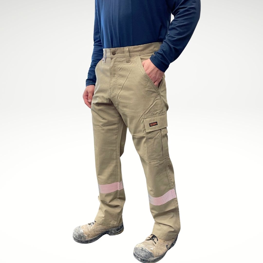 MWG COMFORT WEAVE Men's FR Pants. Men's FR Pants are tan in colour with silver reflective striping on lower legs. Men's fire-resistant pants are made with a lightweight fire-resistant fabric. Men's FR Pants are CAT 2 FR.