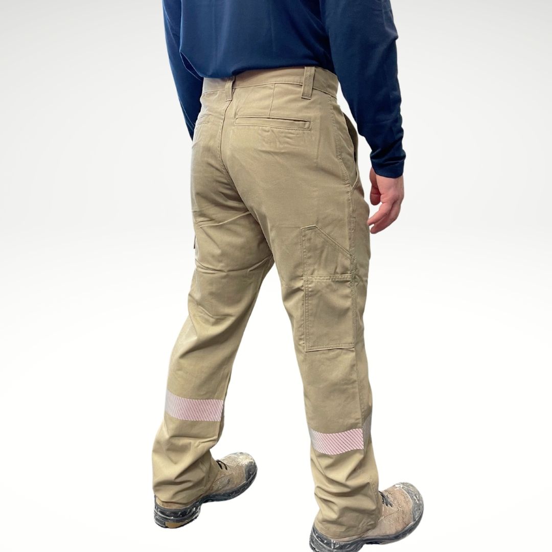 MWG COMFORT WEAVE Men's FR Pants. Men's FR Pants are tan in colour with silver reflective striping on lower legs. Men's fire-resistant pants are made with a lightweight fire-resistant fabric. Men's FR Pants are CAT 2 FR.