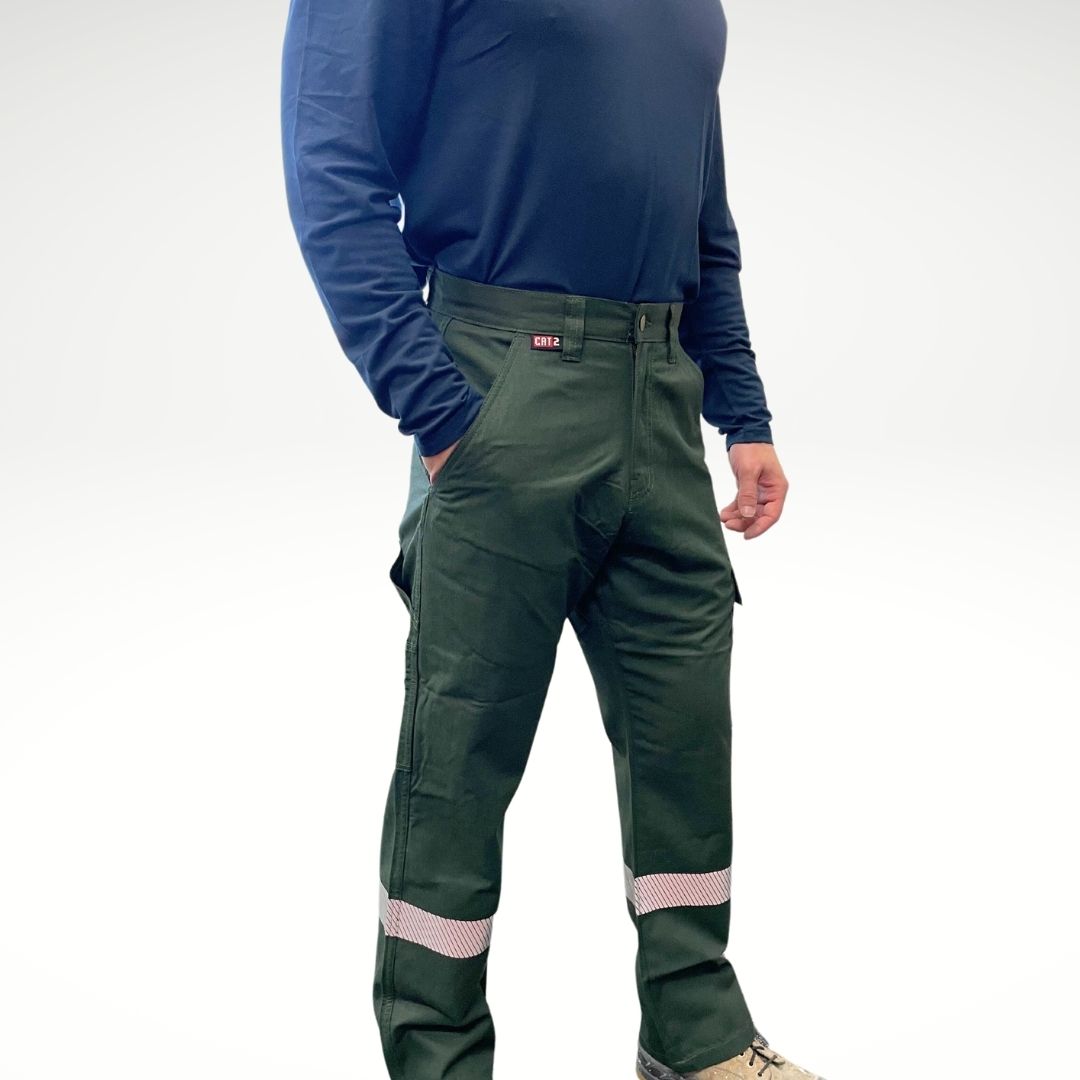 MWG COMFORT WEAVE Men's FR Pants. Men's FR Pants are green in colour with silver reflective striping on lower legs. Men's fire-resistant pants are made with a lightweight fire-resistant fabric. Men's FR Pants are CAT 2 FR.