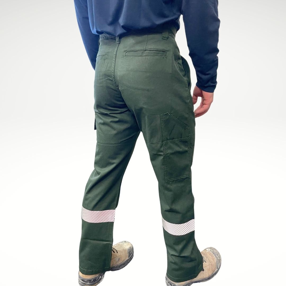 MWG COMFORT WEAVE Men's FR Pants. Men's FR Pants are green in colour with silver reflective striping on lower legs. Men's fire-resistant pants are made with a lightweight fire-resistant fabric. Men's FR Pants are CAT 2 FR.