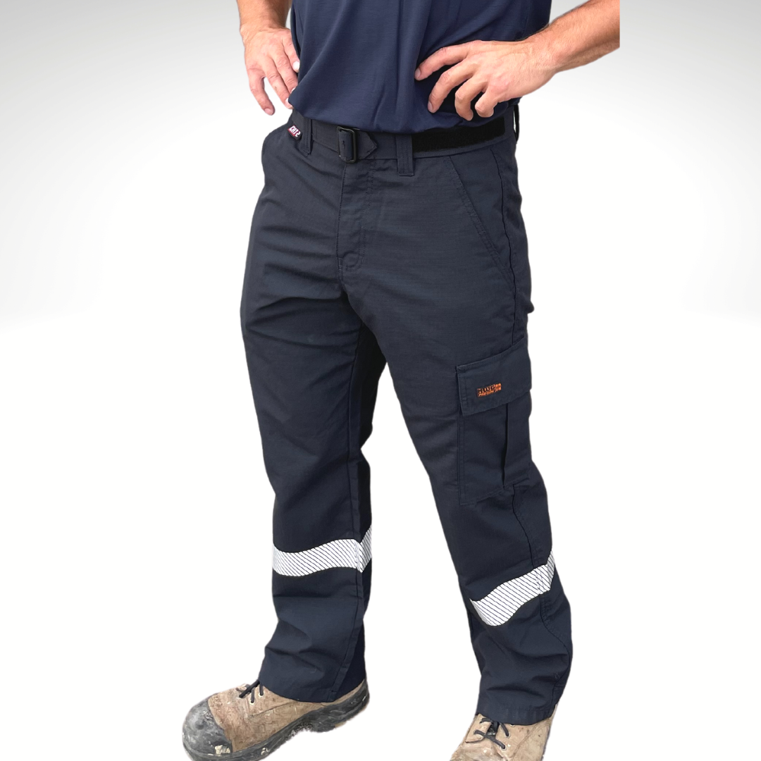 MWG RIPGUARD Men's FR Utility Pant. Men's FR Pants are navy with silver segmented reflective striping on lower leg for hi-vis. FR Pants have a cargo pocket on left leg and tool pocket on left leg. FR Pants are made with MWG RIPGUARD, a flame-resistant ripstop fabric. FR Pants are highly durable. Men's FR Pants have a CAT 2 FR rating.