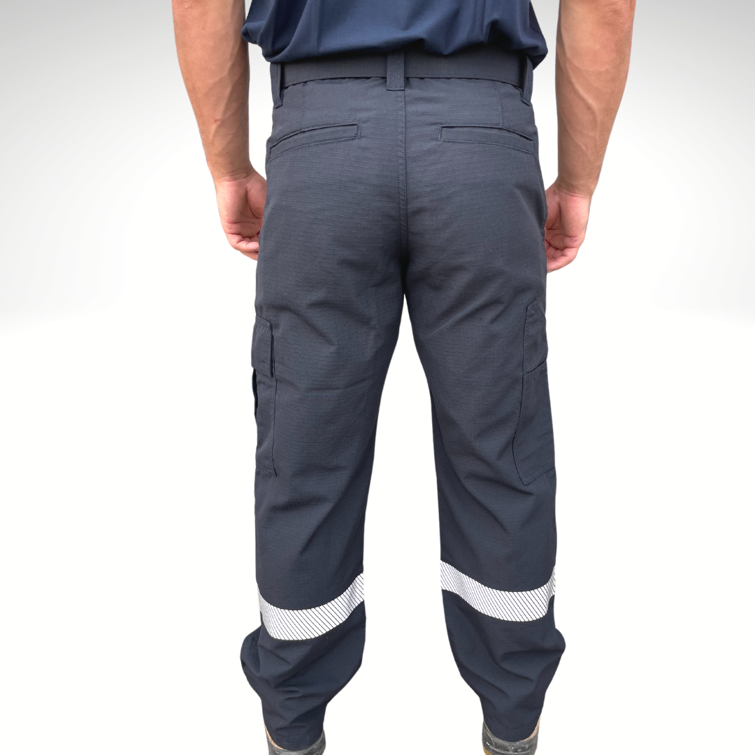 MWG RIPGUARD Men's FR Utility Pant. Men's FR Pants are navy with silver segmented reflective striping on lower leg for hi-vis. FR Pants have a cargo pocket on left leg and tool pocket on left leg. FR Pants are made with MWG RIPGUARD, a flame-resistant ripstop fabric. FR Pants are highly durable. Men's FR Pants have a CAT 2 FR rating.