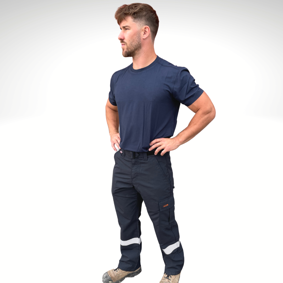 MWG RIPGUARD Men's FR Utility Pant. Men's FR Pants are navy with silver segmented reflective striping on lower leg for hi-vis. FR Pants have a cargo pocket on left leg and tool pocket on left leg. FR Pants are made with MWG RIPGUARD, a flame-resistant ripstop fabric. FR Pants are highly durable. Men's FR Pants have a CAT 2 FR rating.