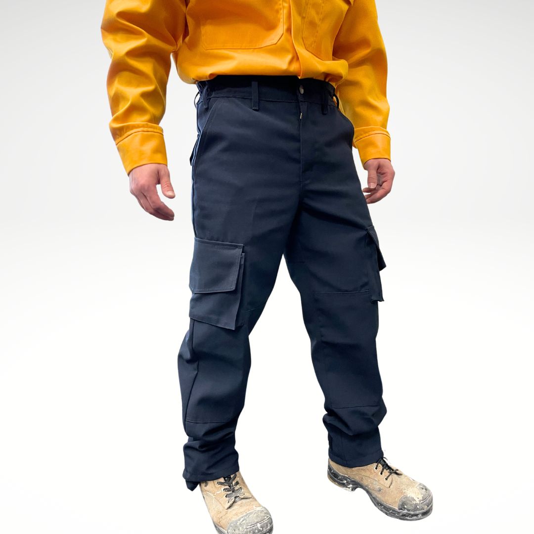Men's FR Pants. FR Pants are dark navy with cargo pockets. FR Pants are built for wildland forest firefighting.