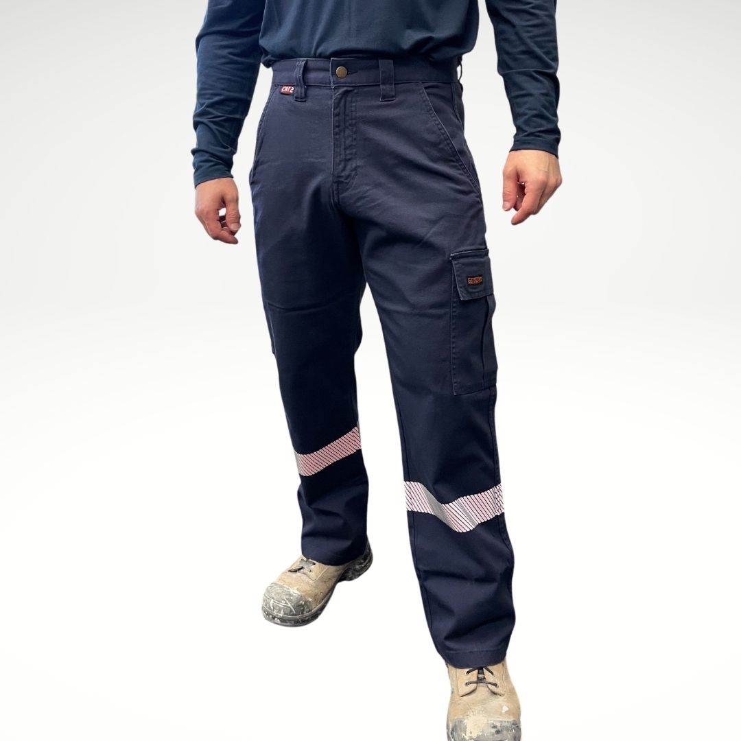 MWG FLEXGUARD Men's FR Utility Pant. Men's fire-resistant pant is navy with silver reflective striping on lower legs. Men's fire-resistant pants are built with a durable flame-resistant stretch canvas. FR Pants have a CAT 2 FR rating.