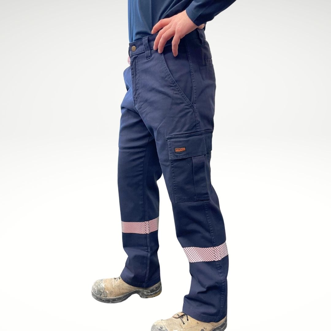 MWG FLEXGUARD Men's FR Utility Pant. Men's fire-resistant pant is navy with silver reflective striping on lower legs. Men's fire-resistant pants are built with a durable flame-resistant stretch canvas. FR Pants have a CAT 2 FR rating.