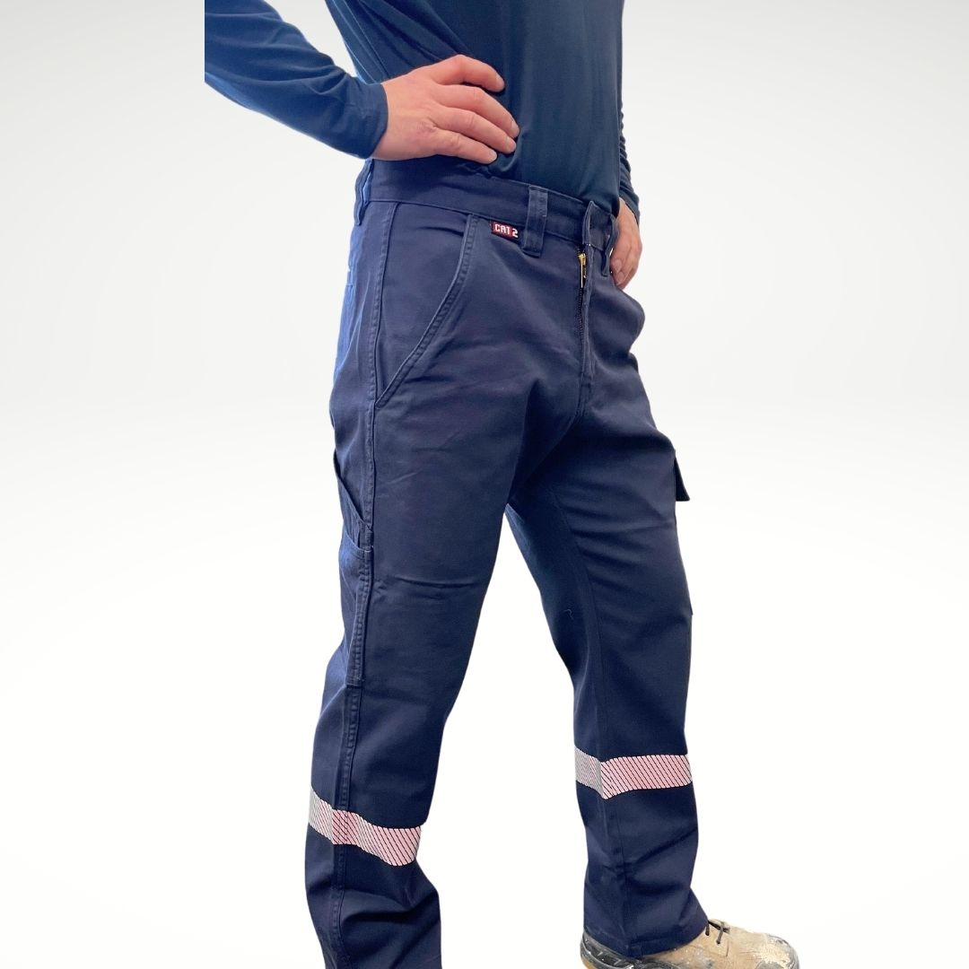 MWG FLEXGUARD Men's FR Utility Pant. Men's fire-resistant pant is navy with silver reflective striping on lower legs. Men's fire-resistant pants are built with a durable flame-resistant stretch canvas. FR Pants have a CAT 2 FR rating.