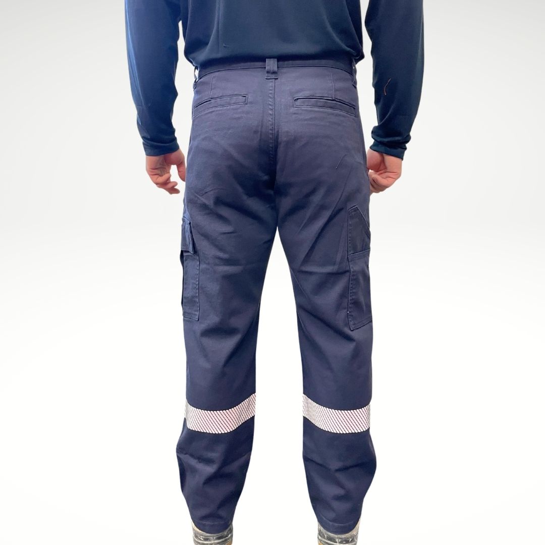 MWG FLEXGUARD Men's FR Utility Pant. Men's fire-resistant pant is navy with silver reflective striping on lower legs. Men's fire-resistant pants are built with a durable flame-resistant stretch canvas. FR Pants have a CAT 2 FR rating.