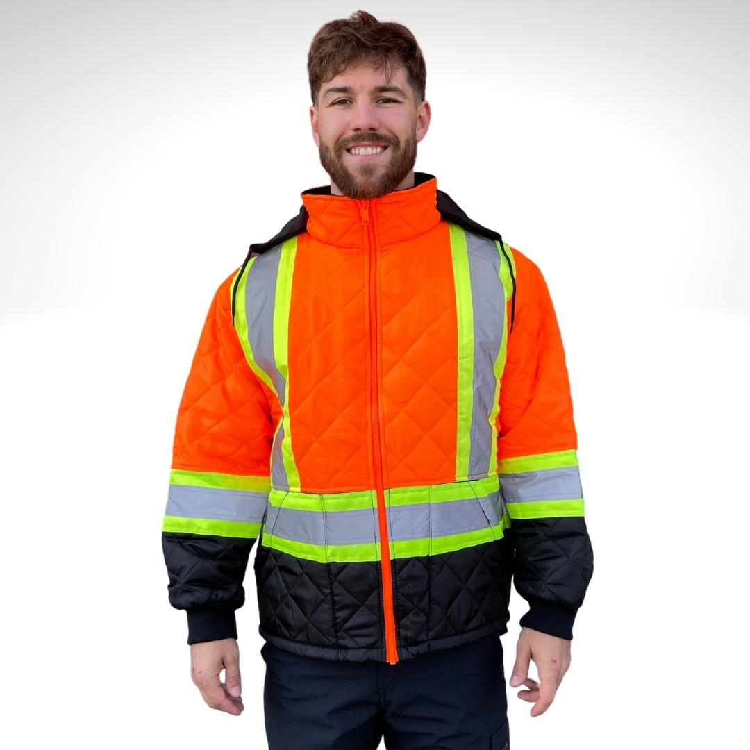 Men's Hi-Vis Freezer Jacket. Hi-Vis Freezer Jacket is bright orange and black with yellow/silver/yellow reflective striping on torso and sleeves for hi-vis compliance. Hi-Vis Freezer Jacket has a black hood and black drawstrings. Hi-Vis Freezer Jacket has an orange zipper and two pockets on low hip.