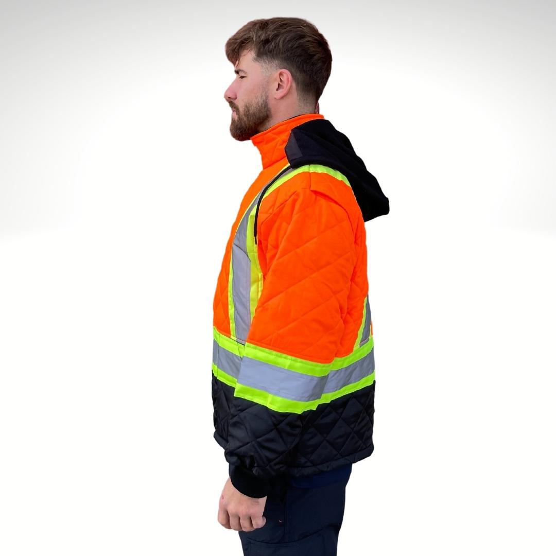 Men's Hi-Vis Freezer Jacket. Hi-Vis Freezer Jacket is bright orange and black with yellow/silver/yellow reflective striping on torso and sleeves for hi-vis compliance. Hi-Vis Freezer Jacket has a black hood and black drawstrings. Hi-Vis Freezer Jacket has an orange zipper and two pockets on low hip.