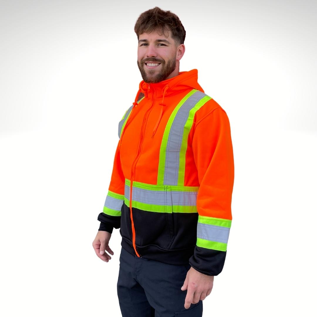 Men's Hi-Vis Hoodie. Hi-Vis Sweatshirt is bright orange and black with yellow/silver/yellow reflective striping on torso and sleeves for high-visibility compliance. Men's Hi-Vis Hoodie has an orange zipper and orange drawstrings. Hood is detachable for safety. Men's Hi-Vis Hoodie is made with polyester for fluorescence.