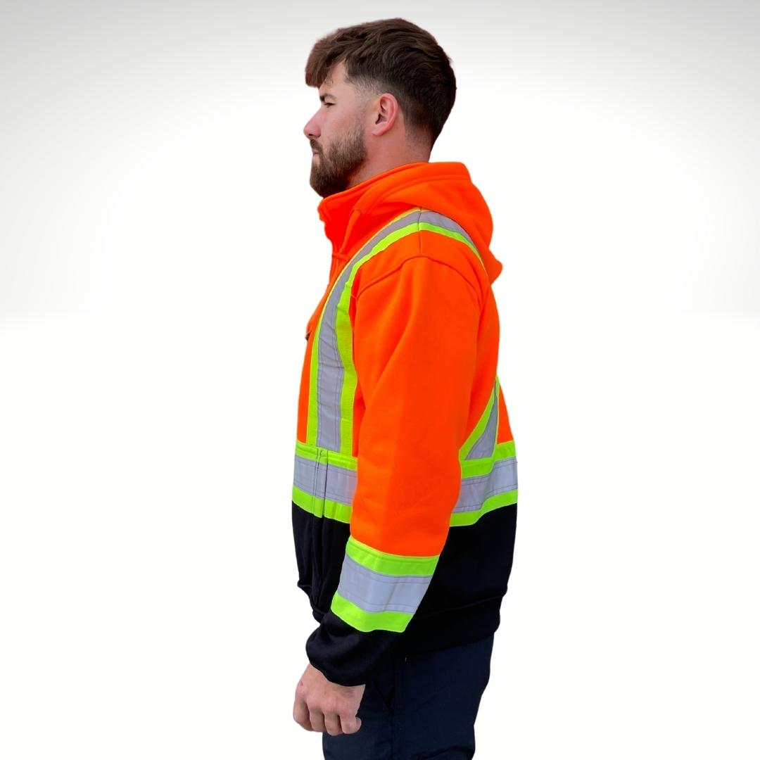 Men's Hi-Vis Hoodie. Hi-Vis Sweatshirt is bright orange and black with yellow/silver/yellow reflective striping on torso and sleeves for high-visibility compliance. Men's Hi-Vis Hoodie has an orange zipper and orange drawstrings. Hood is detachable for safety. Men's Hi-Vis Hoodie is made with polyester for fluorescence.