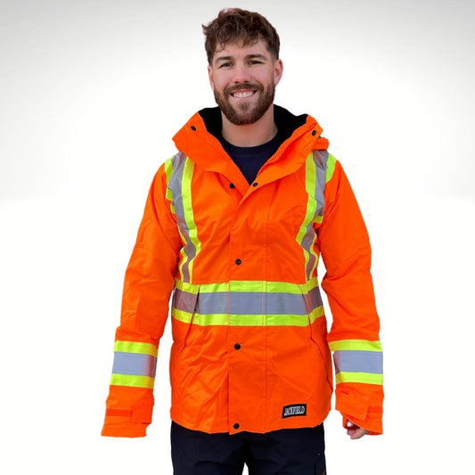 Men's Hi-Vis Rain Jacket. Hi-Vis Rain Jacket is bright orange with yellow/silver/yellow reflective striping on torso and sleeves for hi-vis compliance. Hi-Vis Rain Jacket has a soft black lining on neck for comfort. Hi-Vis Rain Jacket has black buttons.