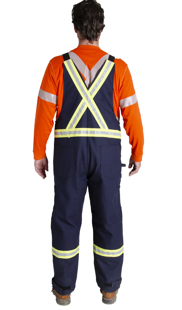 Back view of MWG Duck Canvas FRC Bib Overall. FR Overall is dark navy in colour with yellow/silver/yellow reflective tape in an X pattern on upper back to meet high-visibility standard CSA Z96-15. Reflective tape is also on each leg below the knee. Overalls are made with inherent flame-resistant (FR) canvas.