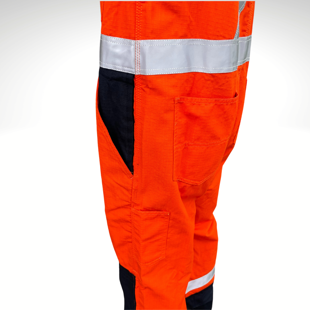 MWG RIPGUARD Men's FR Bib Overall. Men's FR Overall is bright orange and navy with silver reflective striping on torso and legs for high-visibility. FR Overalls have two chest pockets with flaps, two FR leg zippers, and a front FR zipper. FR Overalls have black FR adjustable shoulder straps. FR Overalls are made with MWG RIPGUARD, a flame-resistant ripstop fabric. FR Overalls have a CAT 2 FR rating.