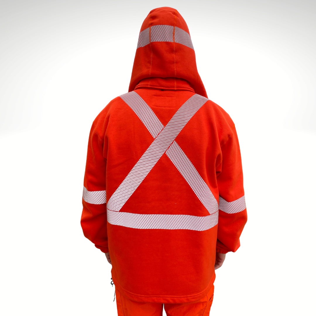 MWG BLOCKER Men's FR Hoodie. Men's FR Zip-Up Hoodie is bright orange. FR Hoodie has segmented silver reflective striping for high-visibility. FR Hoodie has two front pockets and a black FR zipper. FR Hoodie has a detachable hood for safety. FR Hoodie can be zipped into FR jackets for additional warmth. FR Hoodie is made with MWG BLOCKER, an inherent flame-resistant fleece. FR Hoodie has a CAT 3 FR rating.