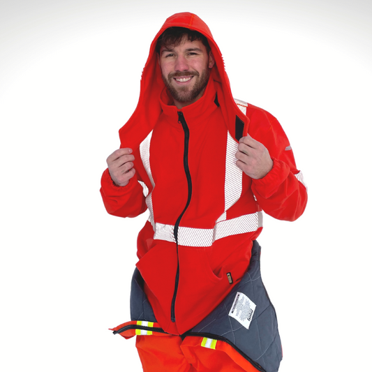 MWG BLOCKER Men's FR Hoodie. Men's FR Zip-Up Hoodie is bright orange. FR Hoodie has segmented silver reflective striping for high-visibility. FR Hoodie has two front pockets and a black FR zipper. FR Hoodie has a detachable hood for safety. FR Hoodie can be zipped into FR jackets for additional warmth. FR Hoodie is made with MWG BLOCKER, an inherent flame-resistant fleece. FR Hoodie has a CAT 3 FR rating.