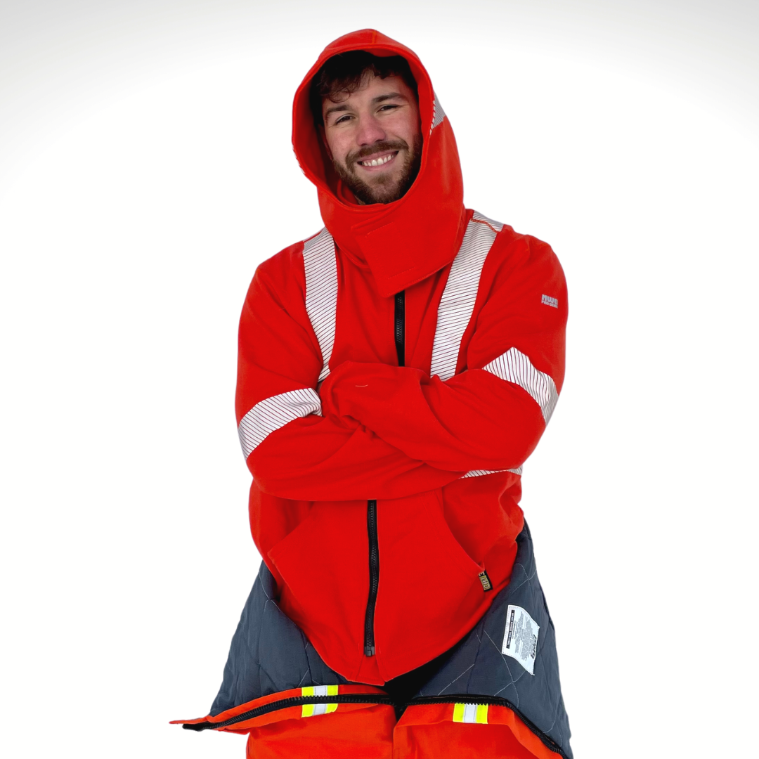 MWG BLOCKER Men's FR Hoodie. Men's FR Zip-Up Hoodie is bright orange. FR Hoodie has segmented silver reflective striping for high-visibility. FR Hoodie has two front pockets and a black FR zipper. FR Hoodie has a detachable hood for safety. FR Hoodie can be zipped into FR jackets for additional warmth. FR Hoodie is made with MWG BLOCKER, an inherent flame-resistant fleece. FR Hoodie has a CAT 3 FR rating.