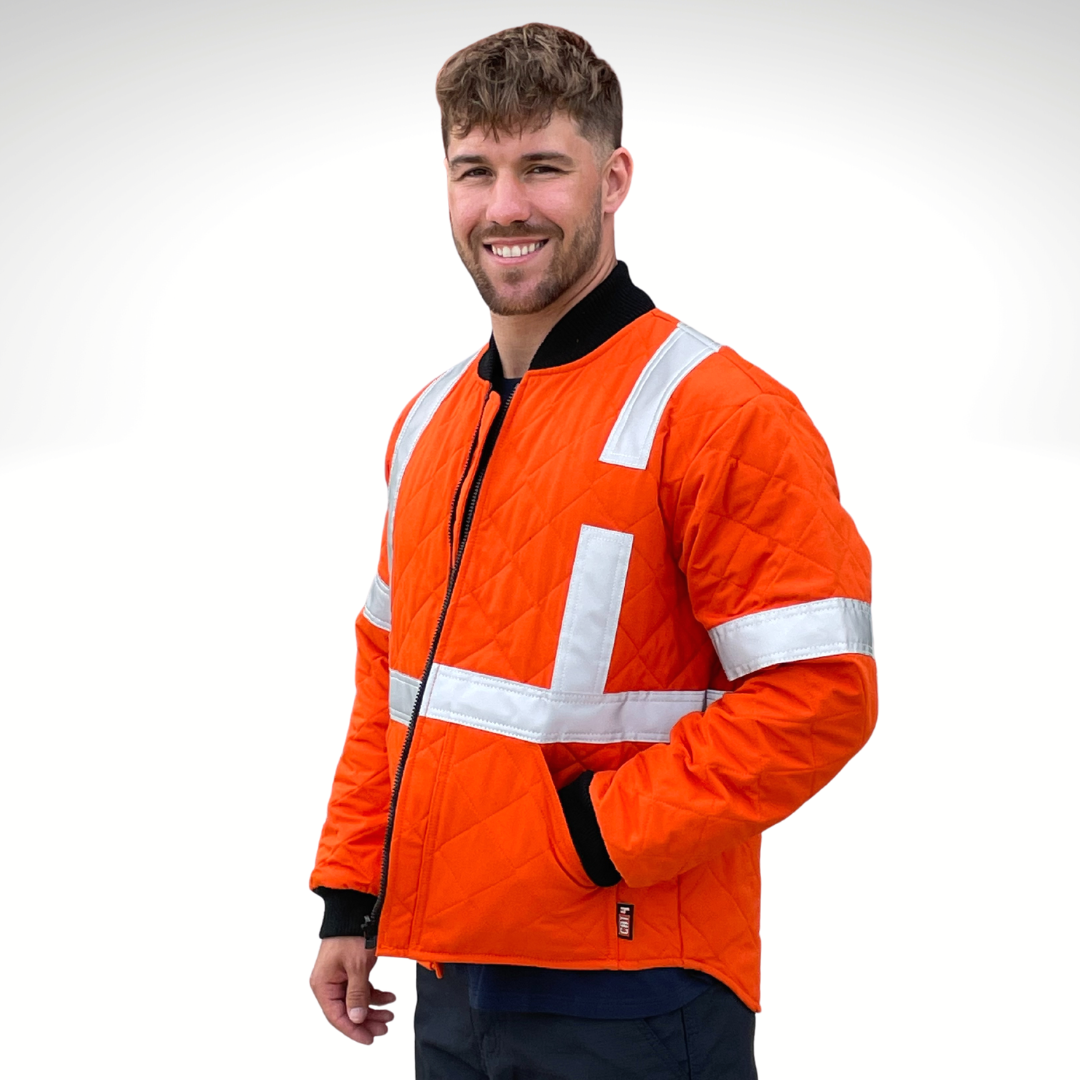 MWG RIPGUARD Men's FR Freezer Jacket. FR Freezer Jacket is bright orange. FR Freezer Jacket has silver reflective striping on torso and sleeves for high-visibility. FR Freezer Jacket has a black FR zipper and black FR cuffs. FR Freezer Jacket is quilted with a 3" diamond quilt. FR Freezer Jacket is made with MWG RIPGUARD, an inherently flame-resistant ripstop fabric. FR Freezer Jacket has a CAT 4 FR rating.