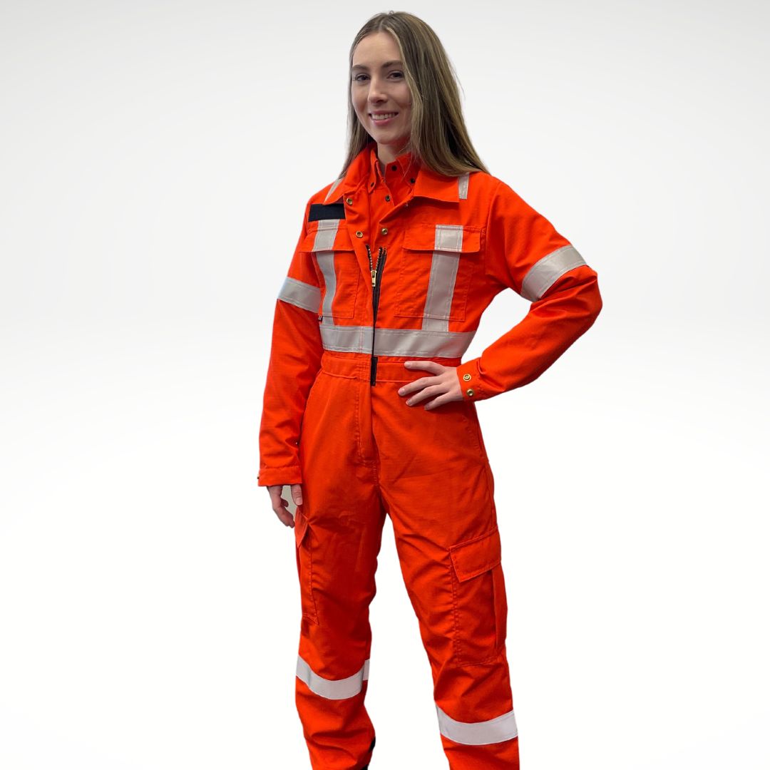 MWG RIPGUARD Women's FR Coverall. Women's FR Coverall is bright orange with silver reflective striping on torso, arms, and legs. Women's FR Coverall is made with an inherently fire resistant ripstop fabric. Fire resistant coverall has a CAT 2 FR rating.
