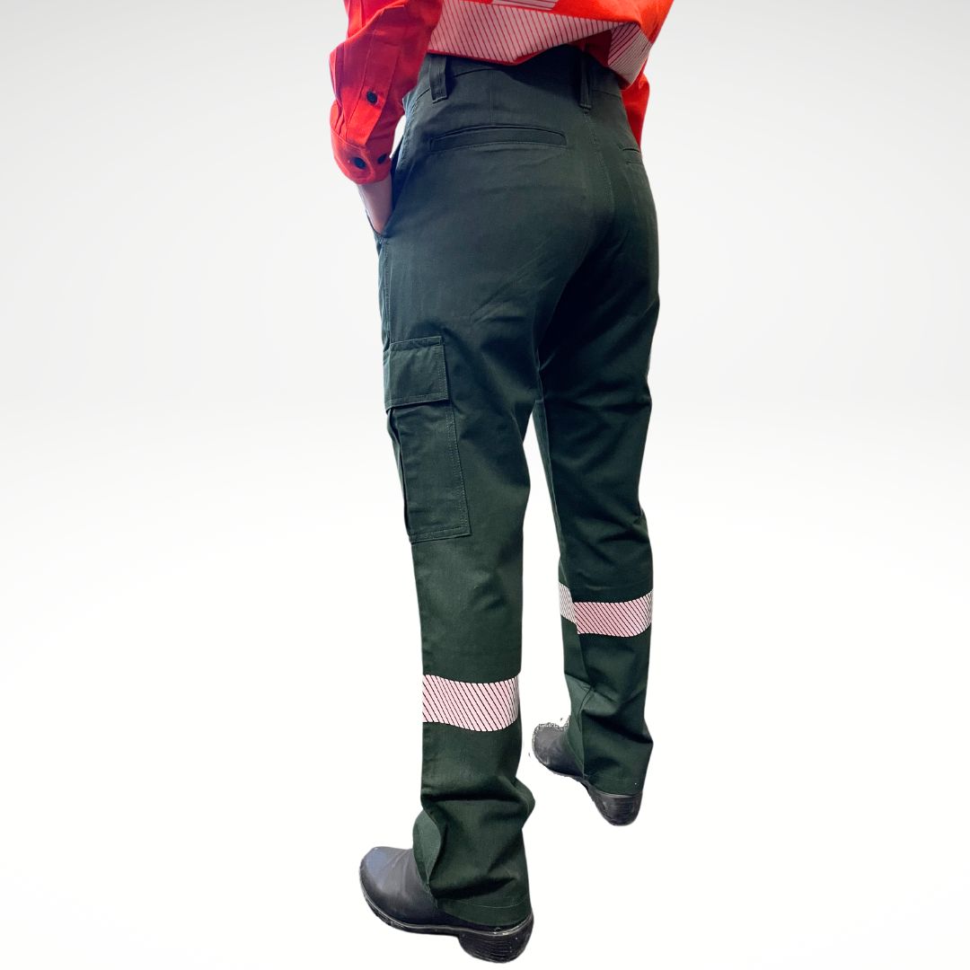 MWG COMFORT WEAVE Women's FR Utility Pants. Women's FR Pants are green in color with silver reflective striping on lower legs for high-visibility. Women's FR Pants are made with inherently fire resistant fabric. Women's FR Pants are CAT 2 FR.