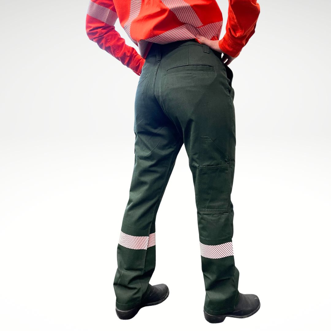 MWG COMFORT WEAVE Women's FR Utility Pants. Women's FR Pants are green in color with silver reflective striping on lower legs for high-visibility. Women's FR Pants are made with inherently fire resistant fabric. Women's FR Pants are CAT 2 FR.