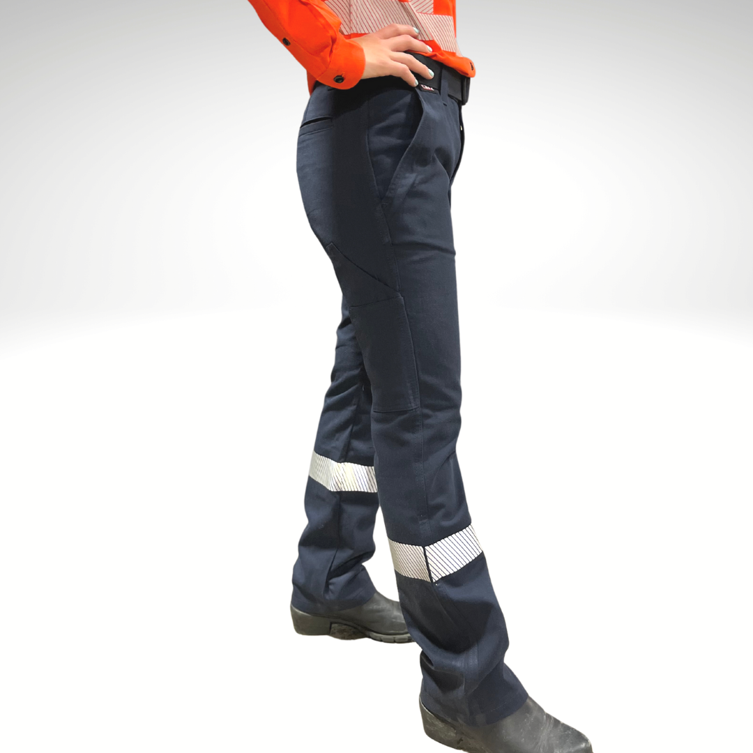 MWG COMFROT WEAVE Women's FR Pants. Women's FR Pants are navy with silver FR reflective striping for high-visibility. Women's FR Pants have two slant pockets on hip, tool pocket on right leg, cargo pocket on left leg, and two back welt pockets. MWG COMFORT WEAVE is an inherent flame-resistant (FR) fabric.