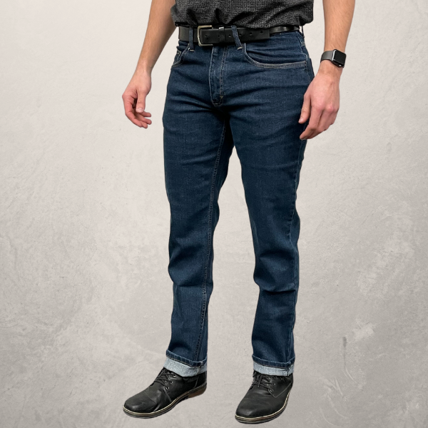 Image of MWG Men's Premium Straight Leg Stretch Denim Jeans. MWG Stretch Denim Straight Leg Jeans are navy with gold stitching. Jeans have two hip pockets and two back pockets.