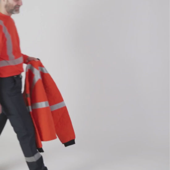 Men's FR Freezer Jacket. Men's FR Jacket is bright orange with silver reflective striping on torso and sleeves for high-visibility. Men's FR Jacket has black knit cuffs and collar. FR Freezer Jacket has a diamond quilt. FR Jacket has a CAT 4 FR rating.