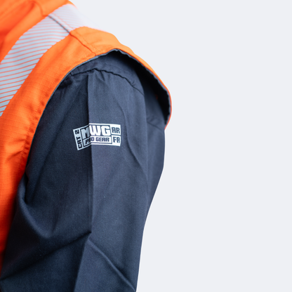 MWG STORMSHIELD Men's FR Vest. Men's FR Vest is orange and navy with silver reflective striping. Men's FR Vest is CAT 2 FR.