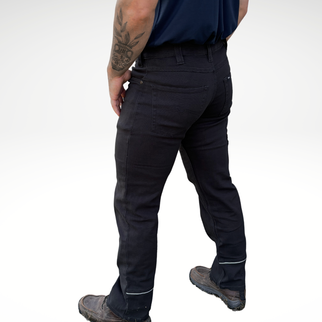 Men's Stretch Canvas Work Pant. Solid black work pant with silver reflective on back leg.