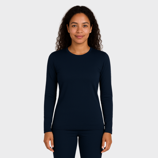 MWG FLEXSAFE Women's FR Base Layer Shirt. FR Base Layer shirt is navy and made with inherently FR fabric.