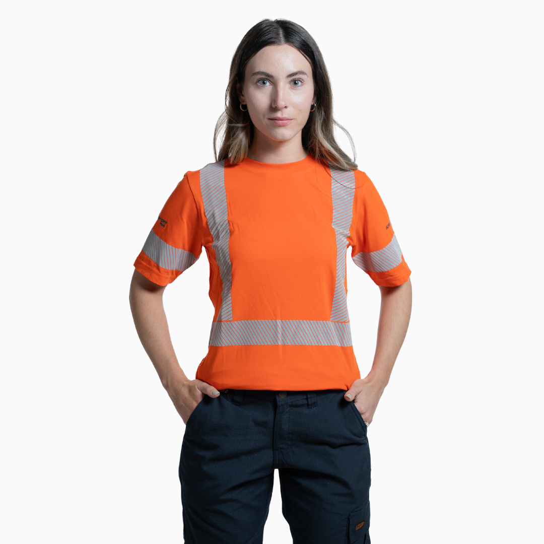 Women's hi-vis t-shirt. Lightweight and breathable. Orange with silver reflective striping.
