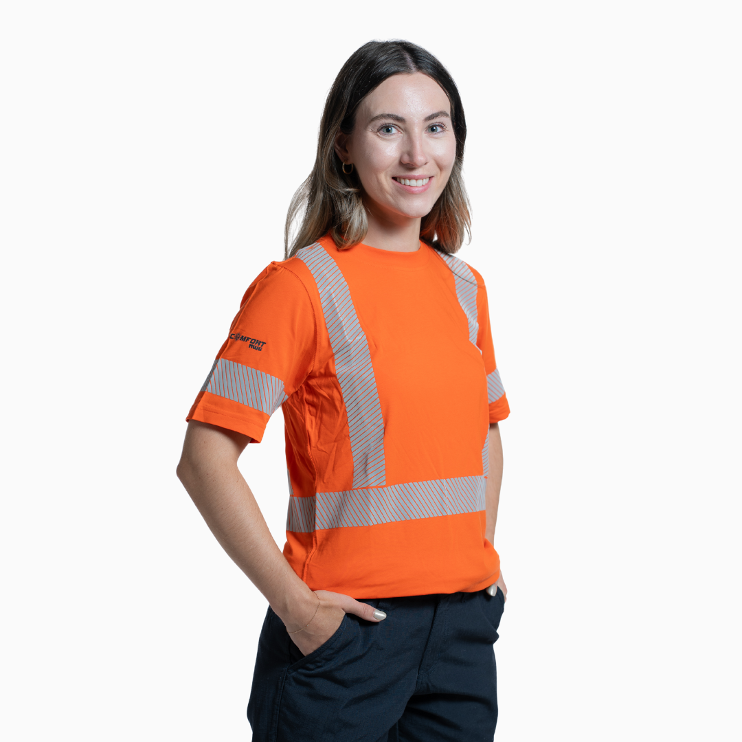 Women's hi-vis t-shirt. Lightweight and breathable. Orange with silver reflective striping.