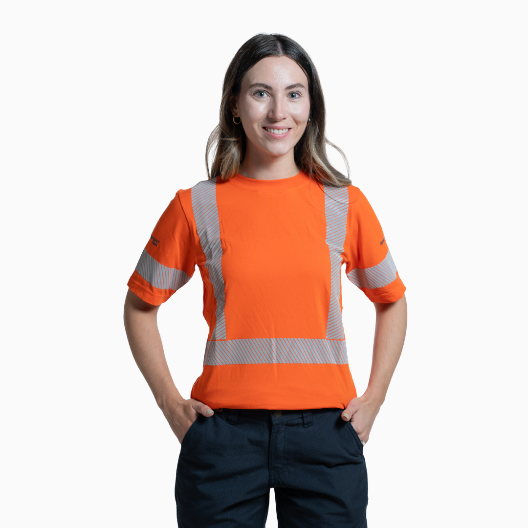 Women's hi-vis t-shirt. Lightweight and breathable. Orange with silver reflective striping.