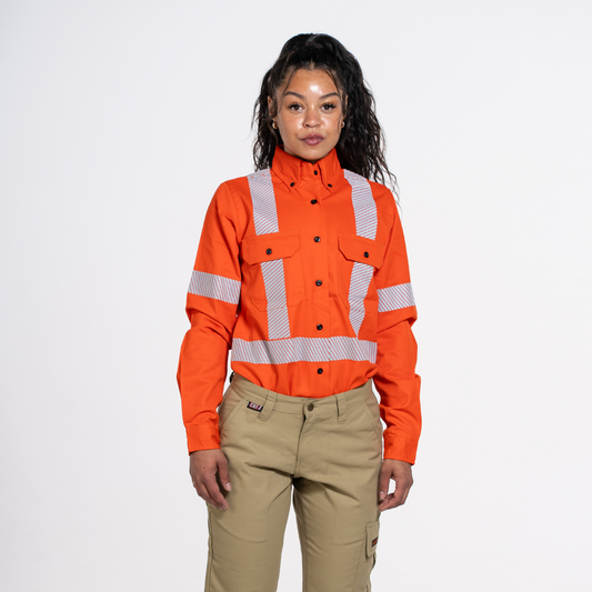 MWG COMFORT WEAVE Women's FR Shirt. Women's FR Shirt is bright orange with silver reflective. Women's FR Shirt is CAT 2 FR.